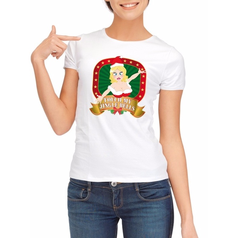 Sexy foute kerstmis shirt wit voor dames touch my jingle bells