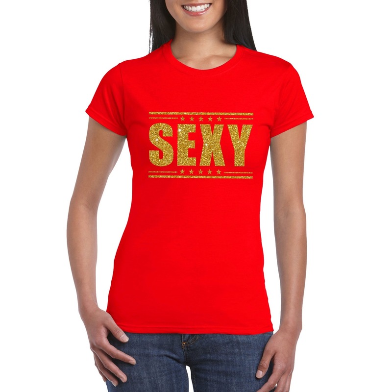 Rood sexy shirt in gouden glitter letters dames