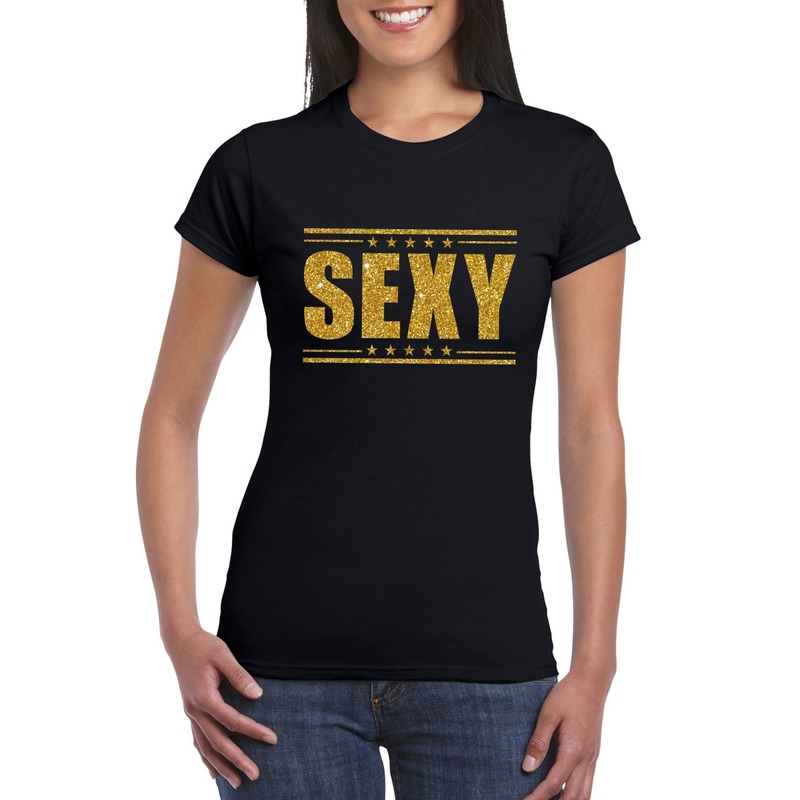 Zwart sexy shirt in gouden glitter letters dames