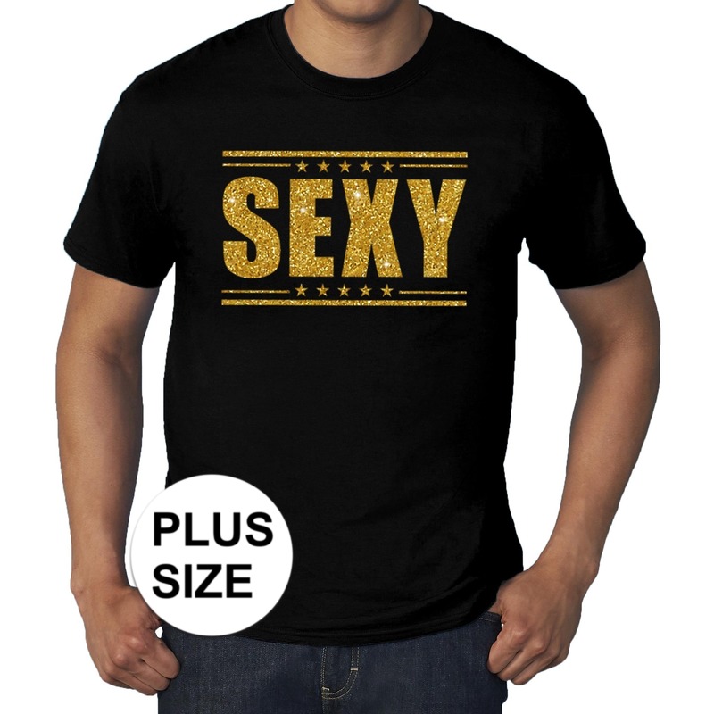 Zwart t shirt in grote maat heren met tekst sex in gouden letters
