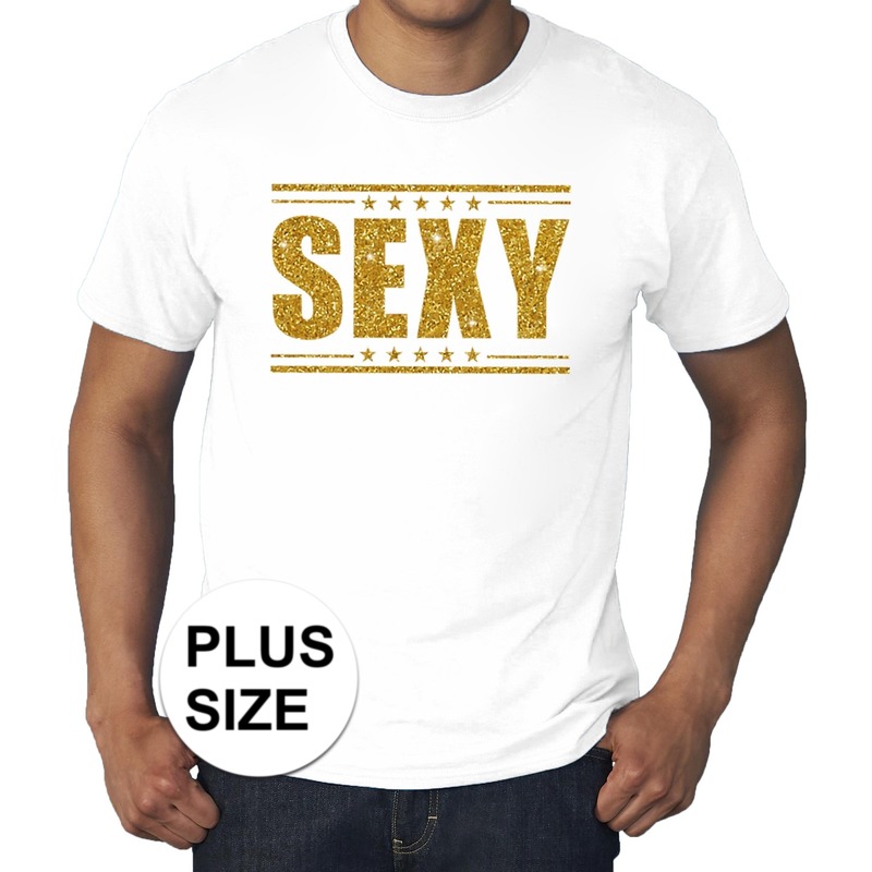 Wit t shirt in grote maat heren met tekst sexy in gouden glitter letters