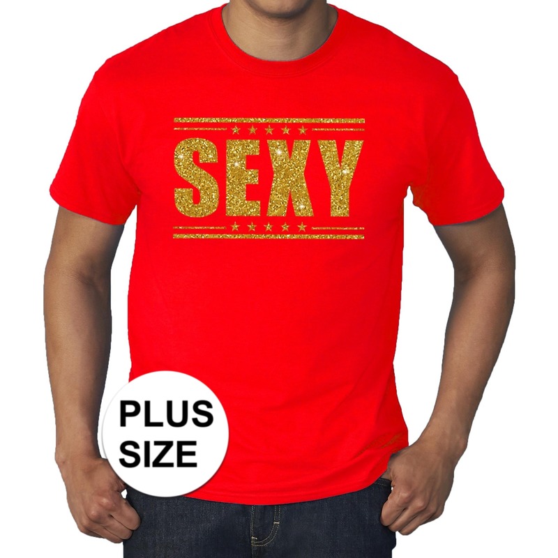 Rood t shirt in grote maat heren met tekst sexy in gouden glitter letters