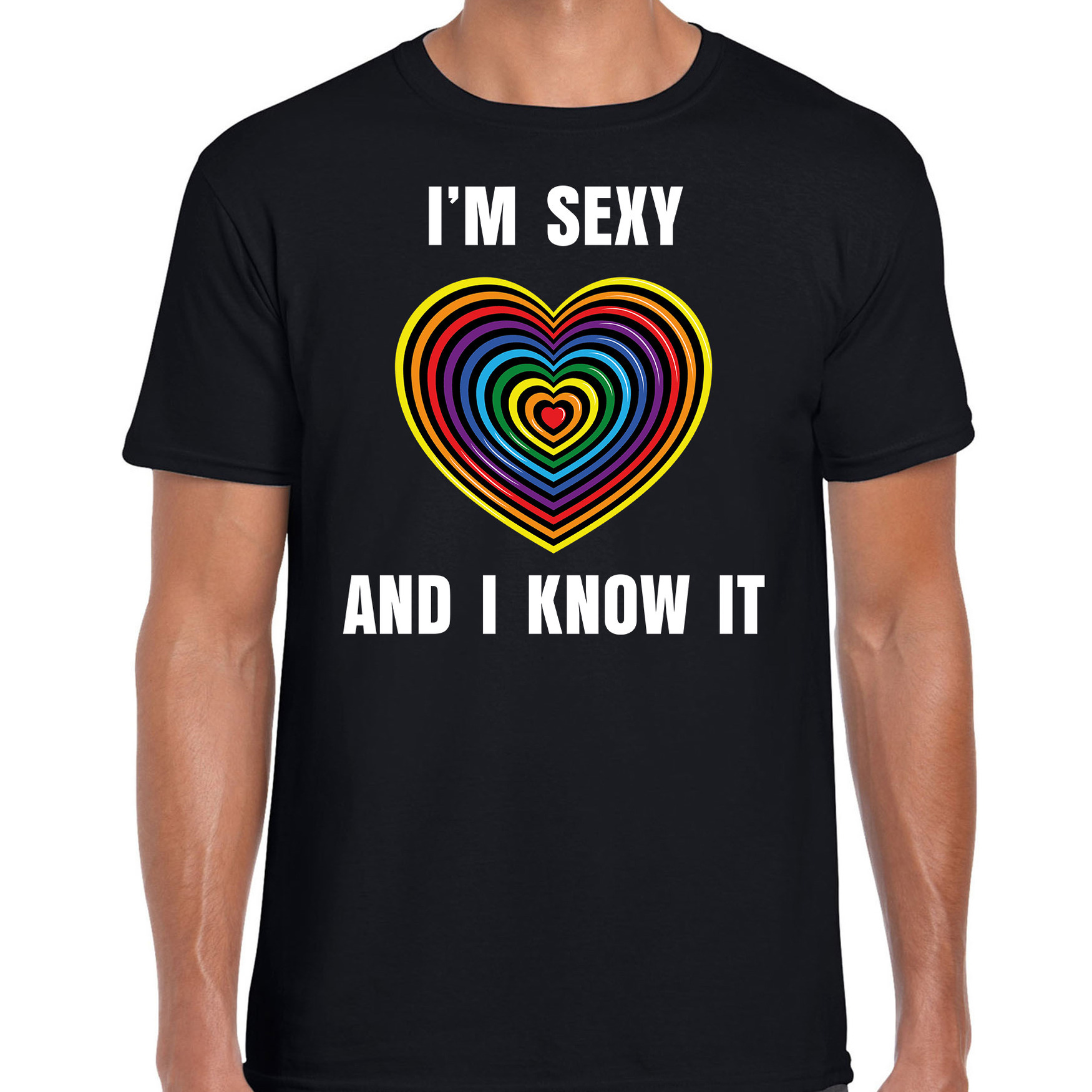 Regenboog hart sexy and i know it gay pride evenement shirt voor heren zwart