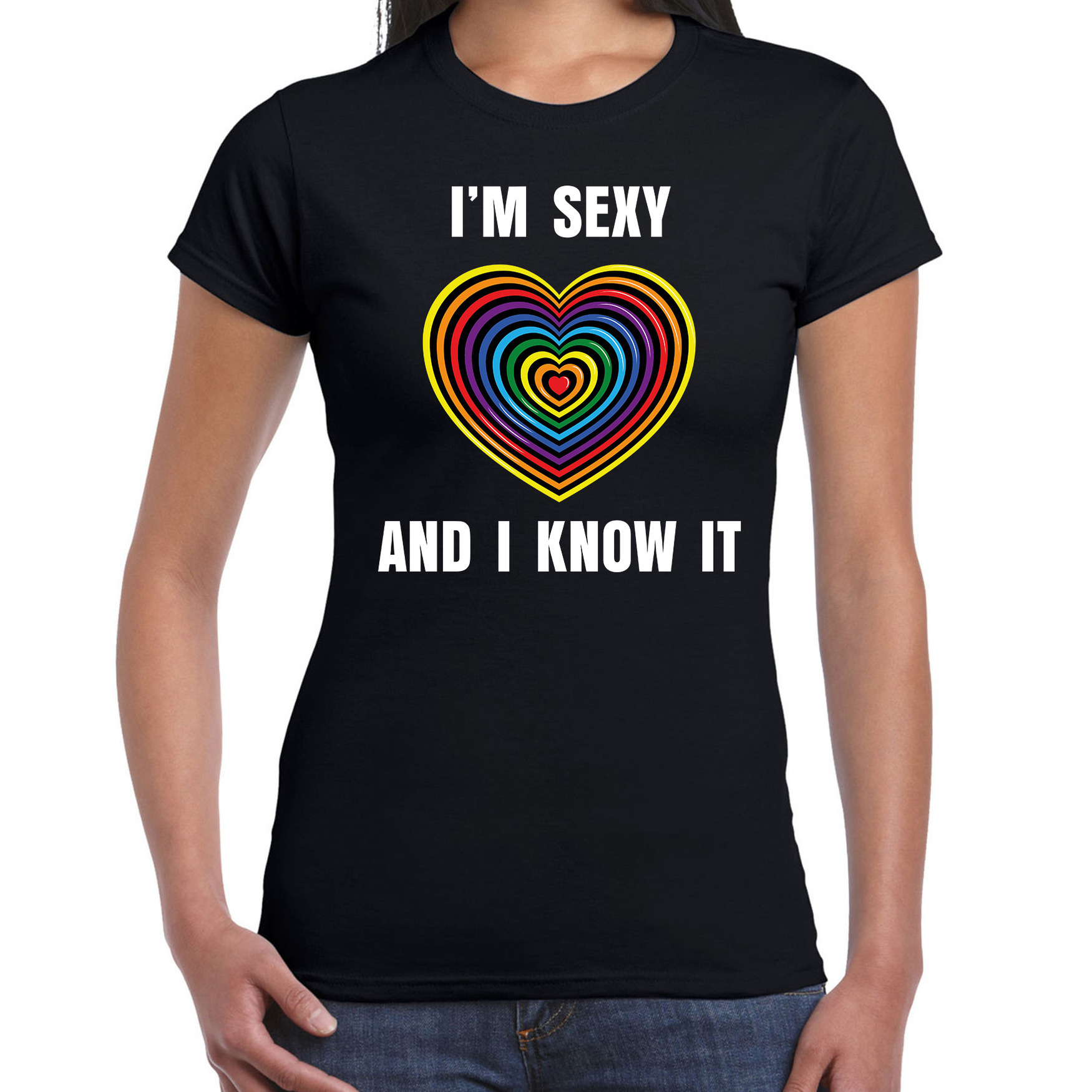 Regenboog hart sexy and i know it gay pride evenement shirt voor dames zwart